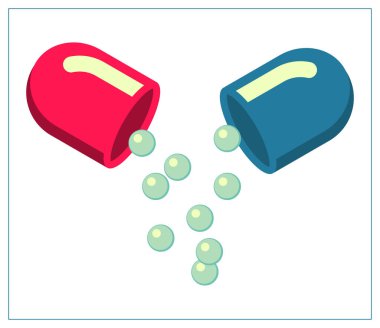 İçinde açık kapsül hapları ve ilaçlar olan düz bir illüstrasyon. Logo tasarımı, dekorasyon kıyafetleri, 2D oyunlar ya da kartpostallar için stilize edilmiş çizim. Beyaz arkaplanda izole hisse senedi çizimi.