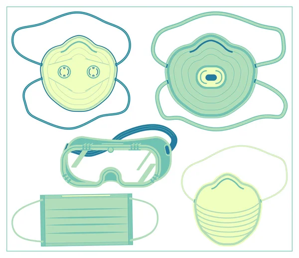 Set Vektorflache Illustration Mit Schutzmaske Und Schutzbrille Für Mediziner Schutzbrille — Stockvektor