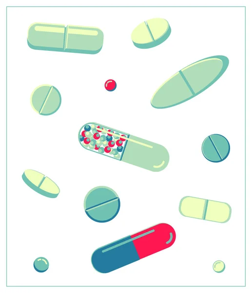 Σύνολο Διανυσματική Επίπεδη Απεικόνιση Διαφορετικά Δισκία Κάψουλες Και Χάπια Στυλιζαρισμένο — Διανυσματικό Αρχείο