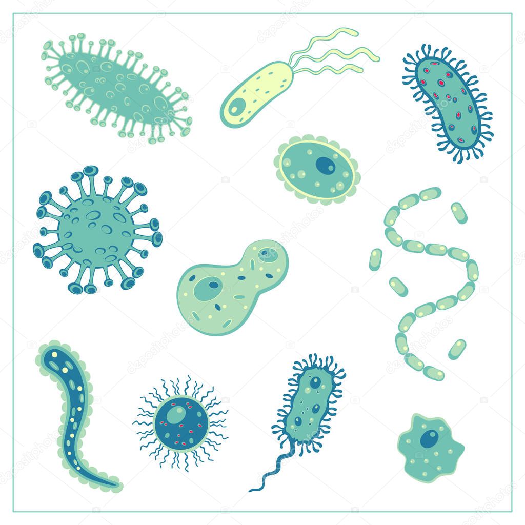 Set of Vector flat illustration with a different bacteria, virus, cells, germs or epidemic bacillus. Stylized drawing for your web site design, logo, app, UI. Isolated stock illustration on white