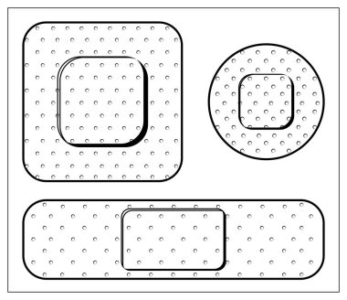 Çeşitli şekillerde yara bandı alçısıyla çizilmiş vektör çizimleri. Web sitenizin tasarımı, logosu, uygulaması ve UI için stilize edilmiş çizim. Beyaz arkaplanda izole hisse senedi çizimi.