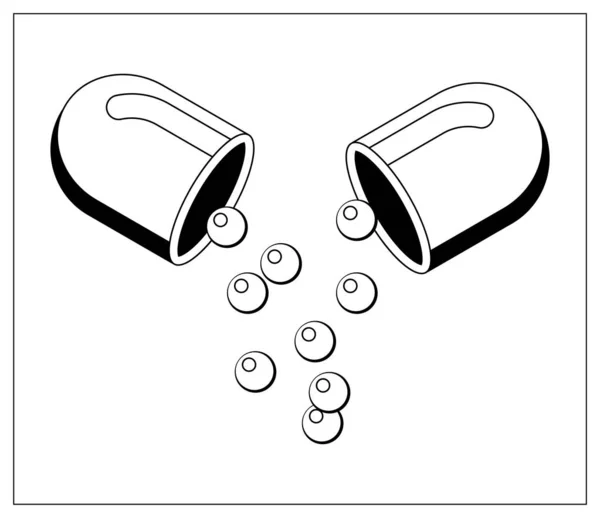 Vektorová Ilustrace Obrysy Otevřených Kapslí Pilulek Medicíny Uvnitř Stylizovaný Výkres — Stockový vektor