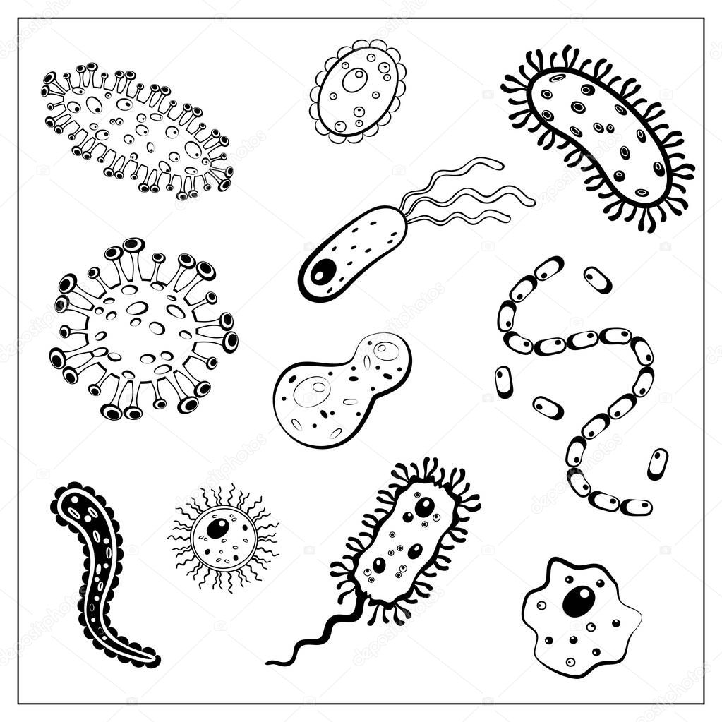 Set of Vector illustration with outlines of different bacteria, virus, cells, germs or epidemic bacillus. Stylized drawing for your web site design, logo, app, UI. Isolated stock illustration on white