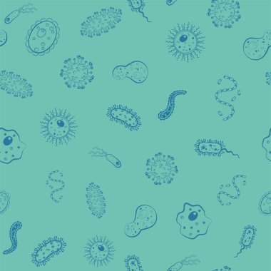 Değişik bakteriler, virüsler, hücreler, mikroplar ya da salgın bakteriler içeren kusursuz bir model. Web sitenizin tasarımı, logosu, uygulaması, UI dairesi için stilize edilmiş çizim. İzole hisse senedi çizimi
