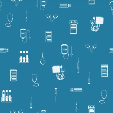Tonometre, termometre, stetoskop ve diğer tıbbi aksesuar hatlarıyla vektör kusursuz desen. Web sitenizin tasarımı, logosu, uygulaması ve UI için stilize edilmiş çizim. İzole hisse senedi çizimi