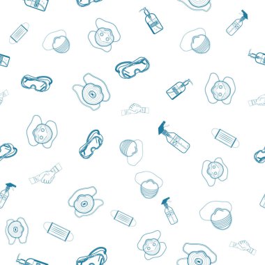 Virüslerin ve bakterilerin korunması ile ilgili hatları olan kusursuz bir model. Tıbbi maske, güvenlik gözlüğü, dezenfektan ve eldiven. Web sitesi, logo, uygulama, UI için çizim