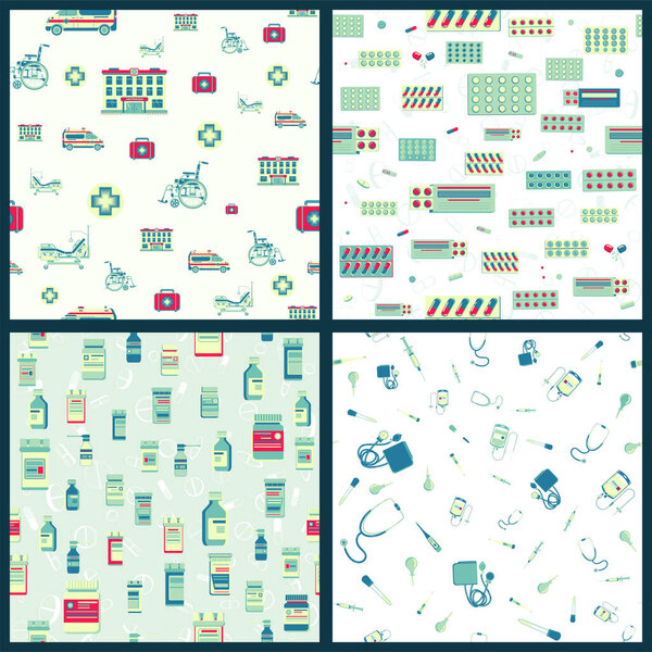 Набор векторного бесшовного рисунка с медицинскими принадлежностями, аксессуарами и атрибутами. Больница, инвалидное кресло, маска и многое другое. Стилизованный рисунок для веб-дизайна, логотипа, приложения, пользовательского интерфейса. Иллюстрация
