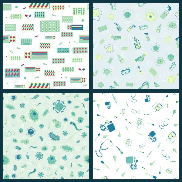 Set Vector Seamless Pattern Medical Supplies Accessories Attributes Pills Bacteria — Stock Vector