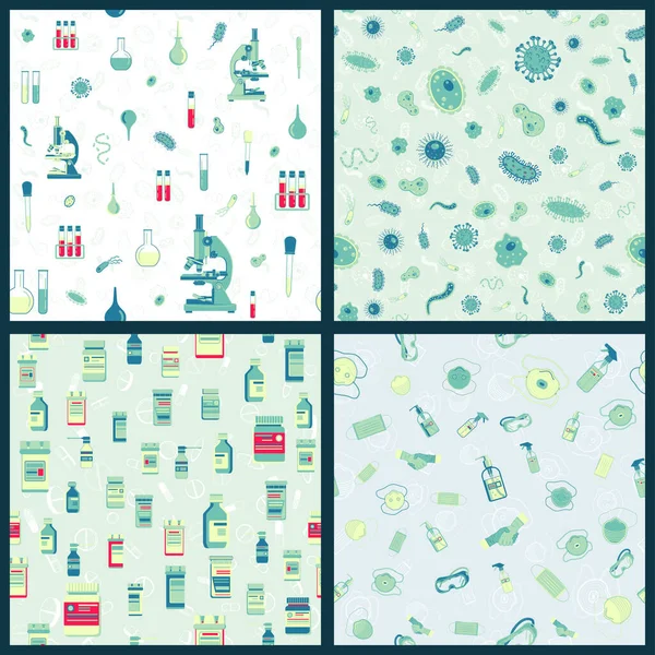 Set Vector Seamless Pattern Medical Supplies Accessories Attributes Microscope Pills — Stock Vector