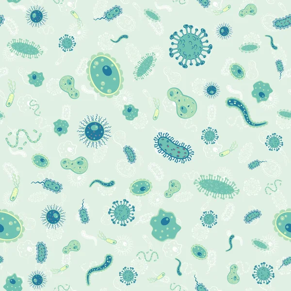 Vector Naadloos Patroon Met Verschillende Bacteriën Virus Cellen Kiemen Epidemische — Stockvector