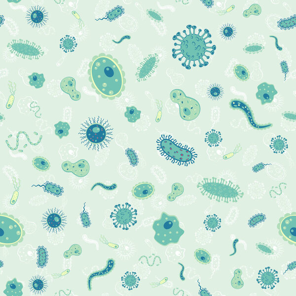 Vector seamless pattern with different bacteria, virus, cells, germs or epidemic bacillus. Stylized drawing for your web site design, logo, app, UI flat. Isolated stock illustration