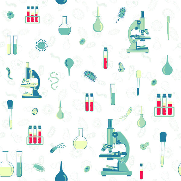 Векторный бесшовный рисунок с лабораторным микроскопом, колбами, пробирками, пипетками и бактериями. Стилизованный рисунок для дизайна сайта, логотипа, приложения, пользовательского интерфейса. Изолированная иллюстрация
