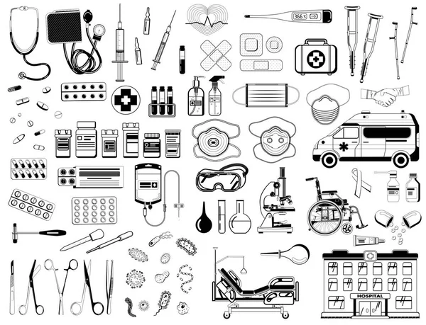 Vector Grote Medische Platte Iconen Ingesteld Overzicht Van Medische Benodigdheden Stockillustratie