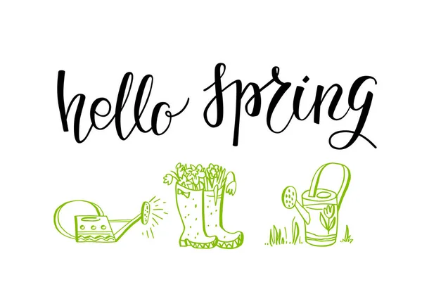 Spring modern lettering with garden objects — Stock Vector