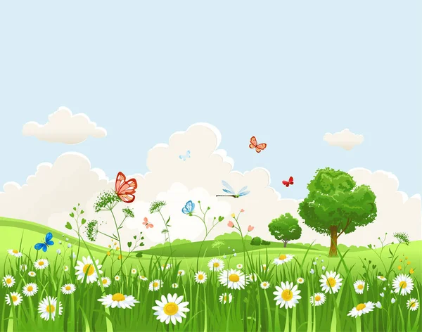 Paisaje de verano con flores — Vector de stock