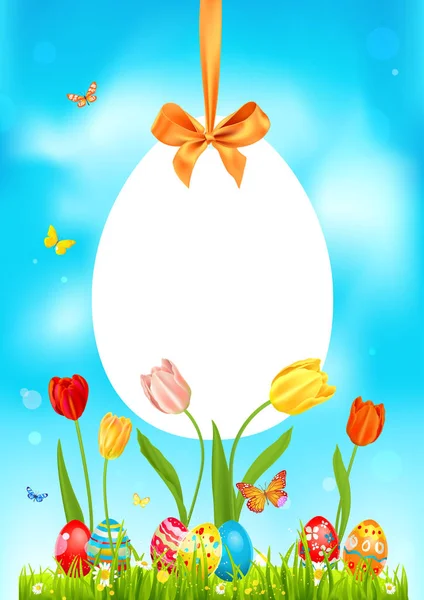 Vector Illustration Design Bright Easter Egg Green Grass Easter Holiday — Stock Vector