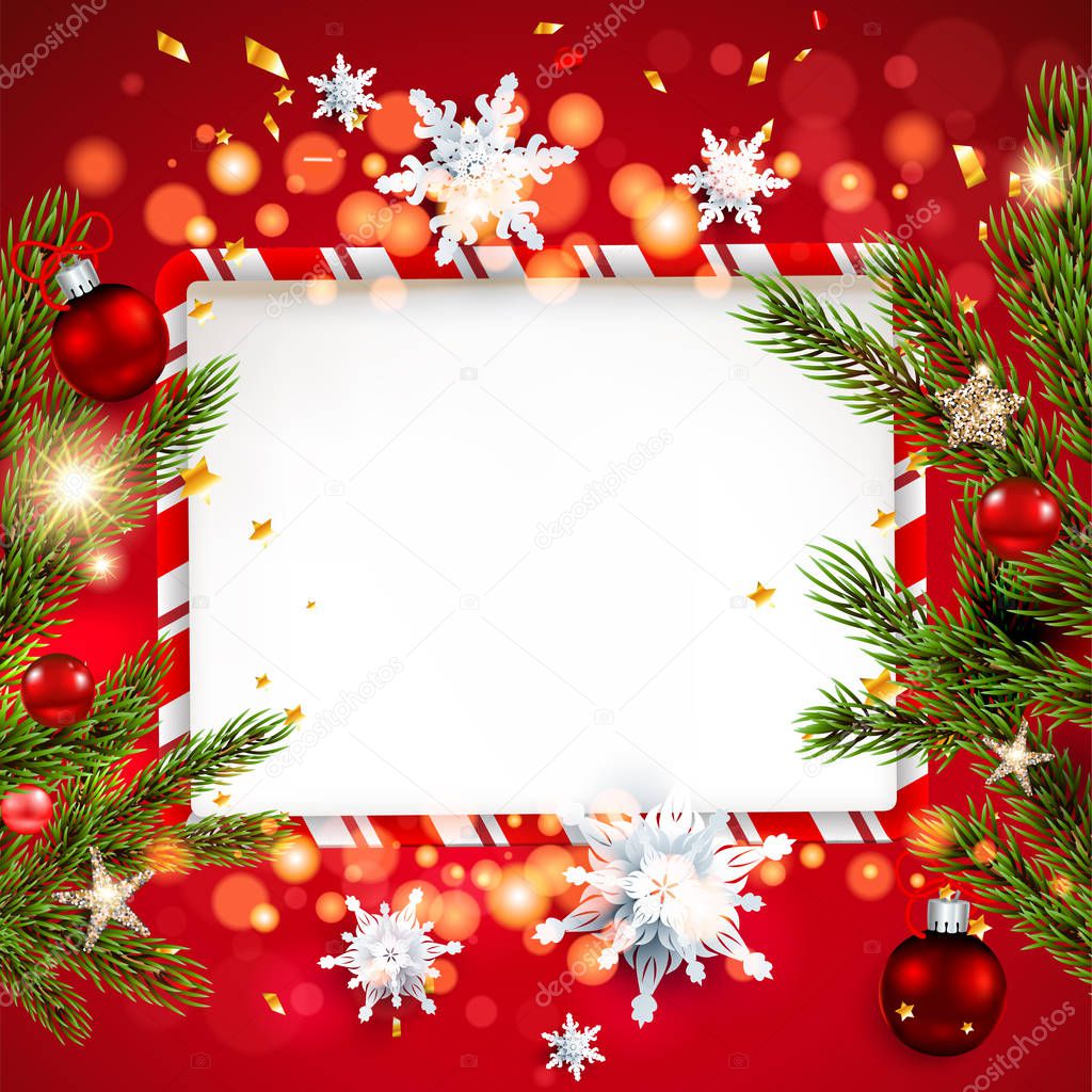 Red background template with Christmas tree branches, Holiday decorations and place for text. Christmas balls, stars and confetti. Traditional striped frame