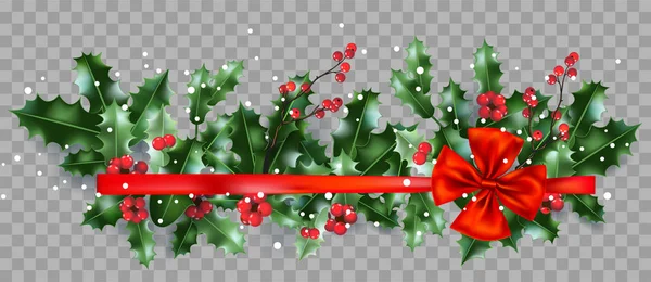 冬のフラットはクリスマスの休日の旗を置く 自然のデザイン要素のトップビュー ホリデーデザインのための透明な背景にホリーとリボン — ストックベクタ