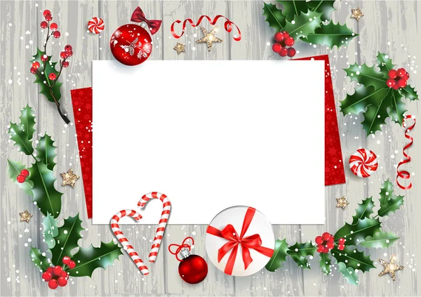 圣诞贺卡用于问候或邀请 荷莉树枝和喜庆的装饰明星 木制背景的礼品盒 海报等节庆模板 — 图库矢量图片