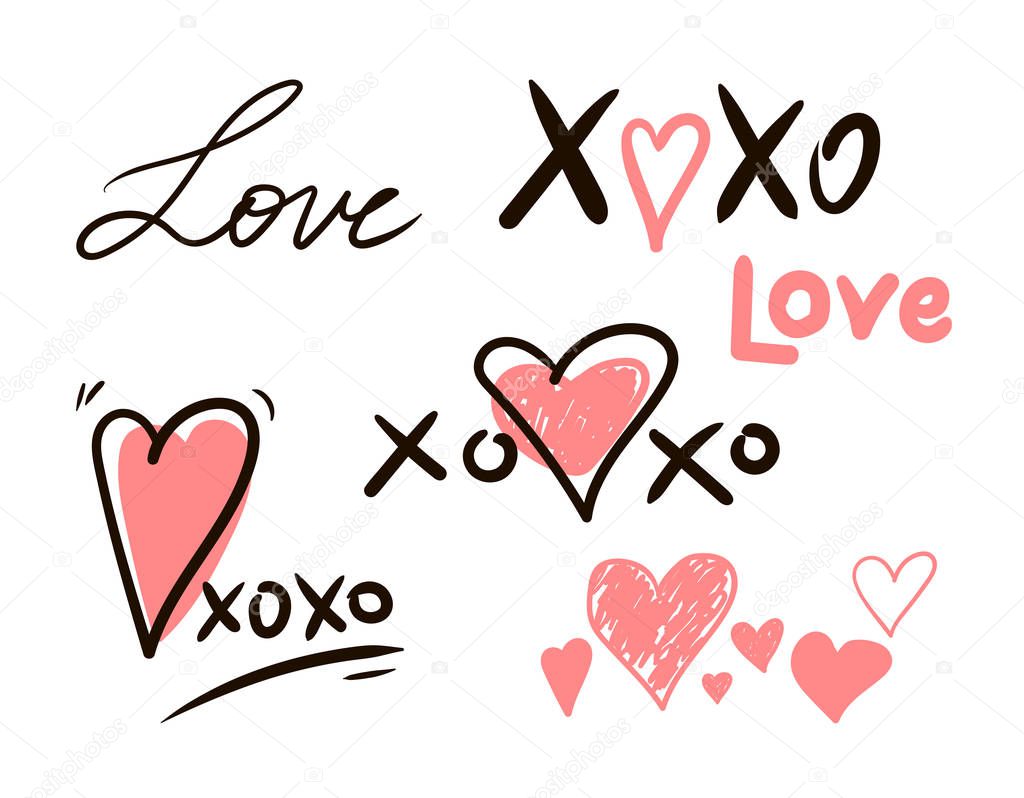Hugs and kisses and love signs isolated on white background. Icon heart design for decor, cards, print, web, poster, banner, t-shirt