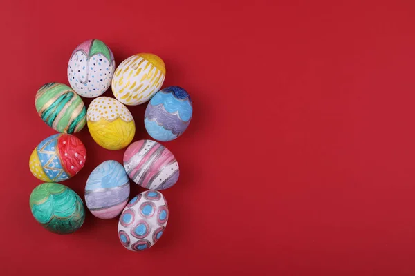 Easter Eggs Handmade Pattern Red Background — Stock Photo, Image