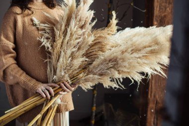 Güzel bir sonbahar buketi, bir kadının ellerinde kurumuş malzemeler. Cortaderia