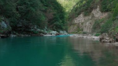 Güneşli yaz sabahında taze soğuk dağ nehri üzerinde alçak uçuş.
