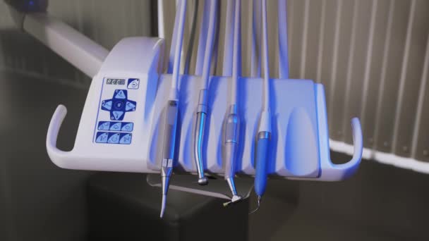 The workplace of the dentist with the dental unit and chair, close-up — Stock Video