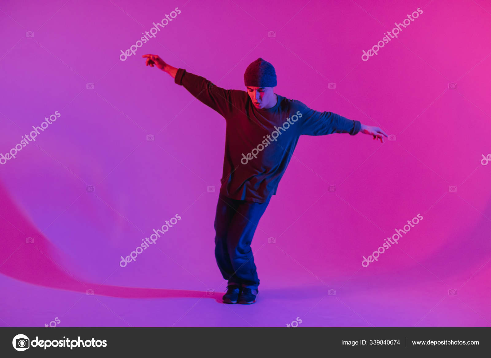 Young Man in a Jumper Dancing Contemporary Dance in Studio. Breakdancing.  Dance School Poster. Copy Space. Battle competition announcement. Pink and  Blue Background. Stock Photo by ©Adrinn 339840674