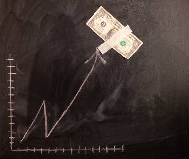 Tahtaya dolar büyüme grafiği çizilmiş. Yatırım kavramları ve ilgi alanları iş büyümesi. Dolardan oluşan yükselen grafik.
