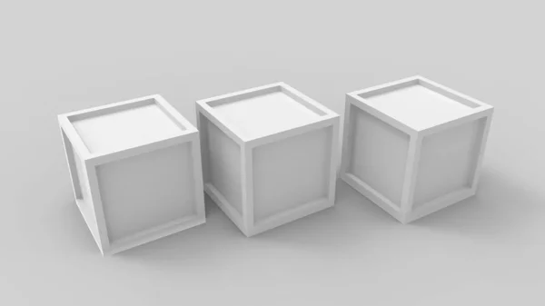 3D vykreslování tří krabic izolovaných v pozadí studia — Stock fotografie