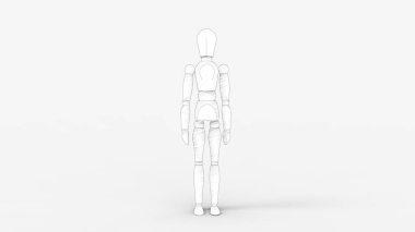 Stüdyo arka planında izole edilmiş ahşap bir oyuncak bebeğin 3D görüntüsü