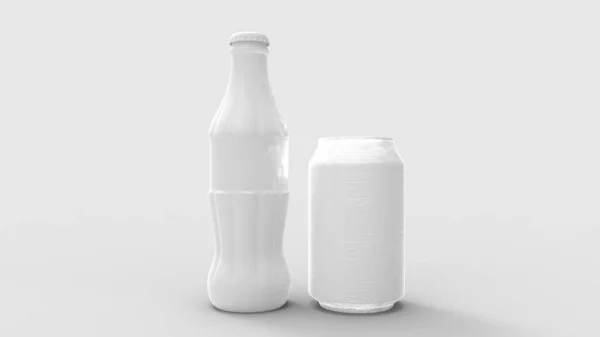 3D representación de una lata de soda y botella aislada en el fondo del estudio — Foto de Stock