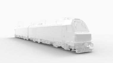 Beyaz stüdyo arka planında izole edilmiş 3 boyutlu bir lokomotif treni.
