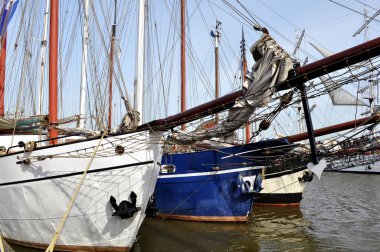 Hollanda Hollanda 'da, Hollanda' daki limanda üç eski yelkenli.