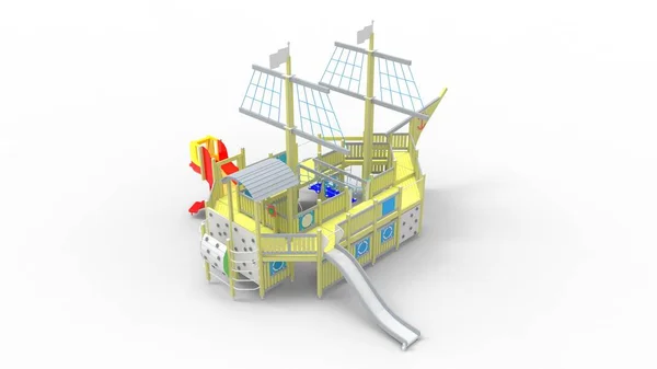 İzole edilmiş bir gemi biçimindeki bir oyun parkının 3D görüntülenmesi. — Stok fotoğraf