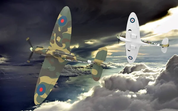 Rendering 3d di due aerei della guerra mondiale che volano insieme tra le nuvole — Foto Stock