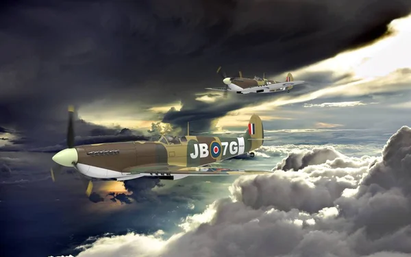 3D ztvárnění dvou světových válek dvě letadla létající společně v oblacích — Stock fotografie