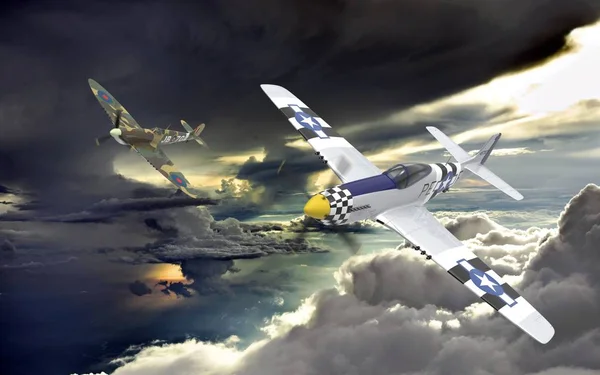 Representación en 3D de dos aviones de la guerra mundial dos que vuelan en formación en las nubes — Foto de Stock