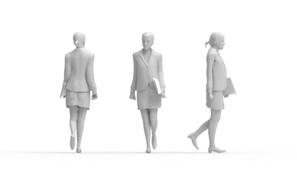 Beyaz stüdyo arka planında yürüyen bir iş kadınının 3D görüntüsü — Stok fotoğraf