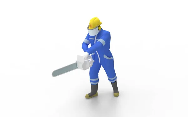 3d απόδοση ενός εργαζομένου που κρατά ένα αλυσοπρίονο σε μπλε συνολικά — Φωτογραφία Αρχείου