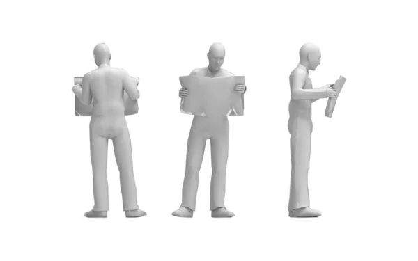 3D-Darstellung eines Mannes, der eine Zeitungslektüre isoliert auf Weiß hält. — Stockfoto