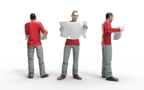 Representación 3d de un hombre sosteniendo una lectura de periódico aislado en blanco . — Foto de Stock