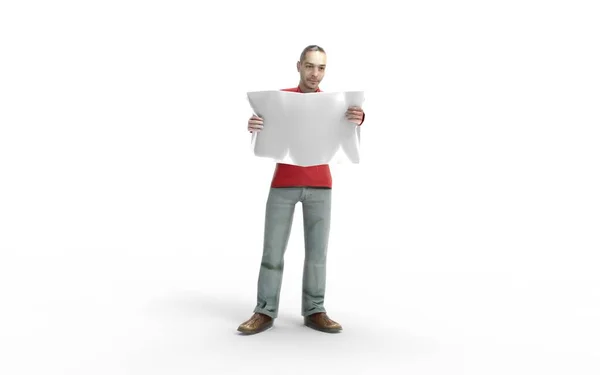 Representación 3d de un hombre sosteniendo una lectura de periódico aislado en blanco . — Foto de Stock