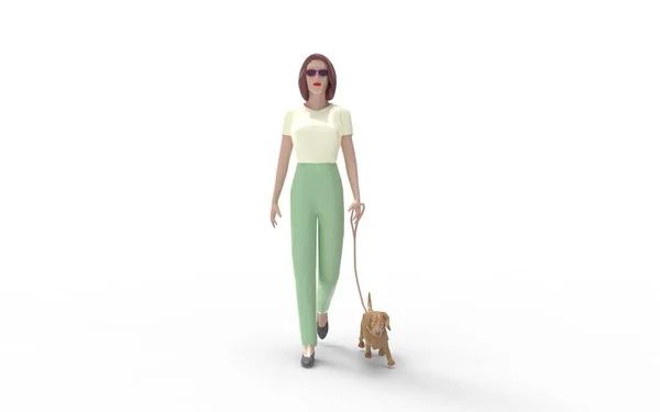 3Dレンダリングの女性歩く彼女の犬と彼女のスタジオの背景に隔離された — ストック写真