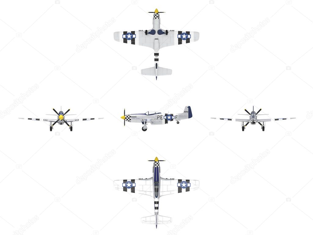 3d rendering of multiple views of a World war 2 fighter airplane