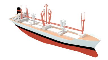 Beyaz arka planda izole edilmiş büyük bir kargo gemisinin 3D görüntüsü