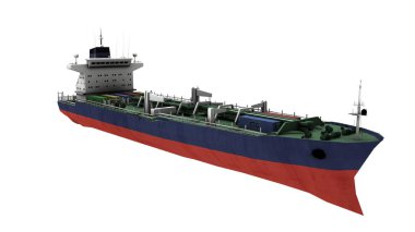 Beyaz arka planda izole edilmiş büyük bir kargo gemisinin 3D görüntüsü