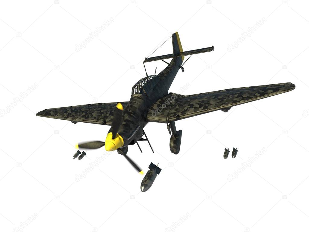 3D rendering of a world war two german dive bomber diving.