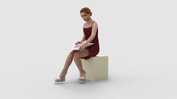 3D візуалізація жінки, що сидить у сукні, що тримає папери — стокове фото